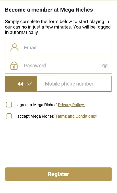 Mega Riches account registration first step